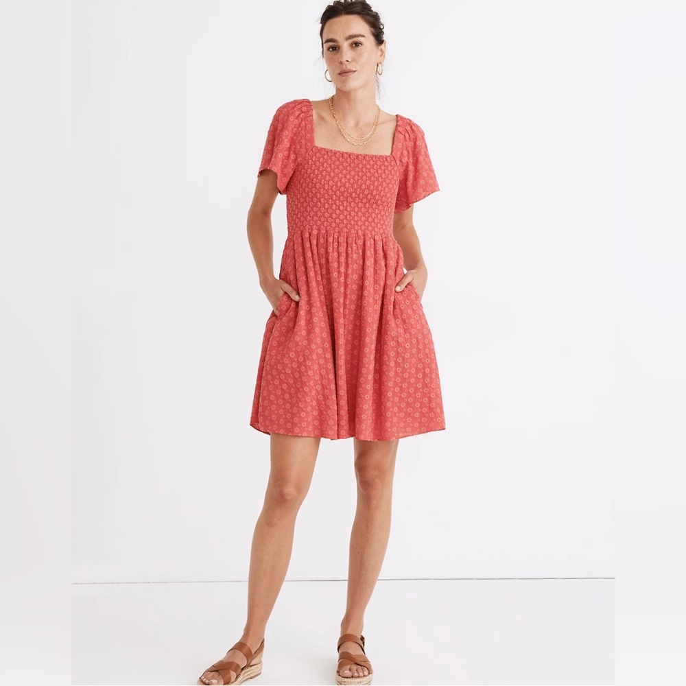 Madewell - Eyelet Lucie Smocked Mini Dress - Red Dress - Size XS